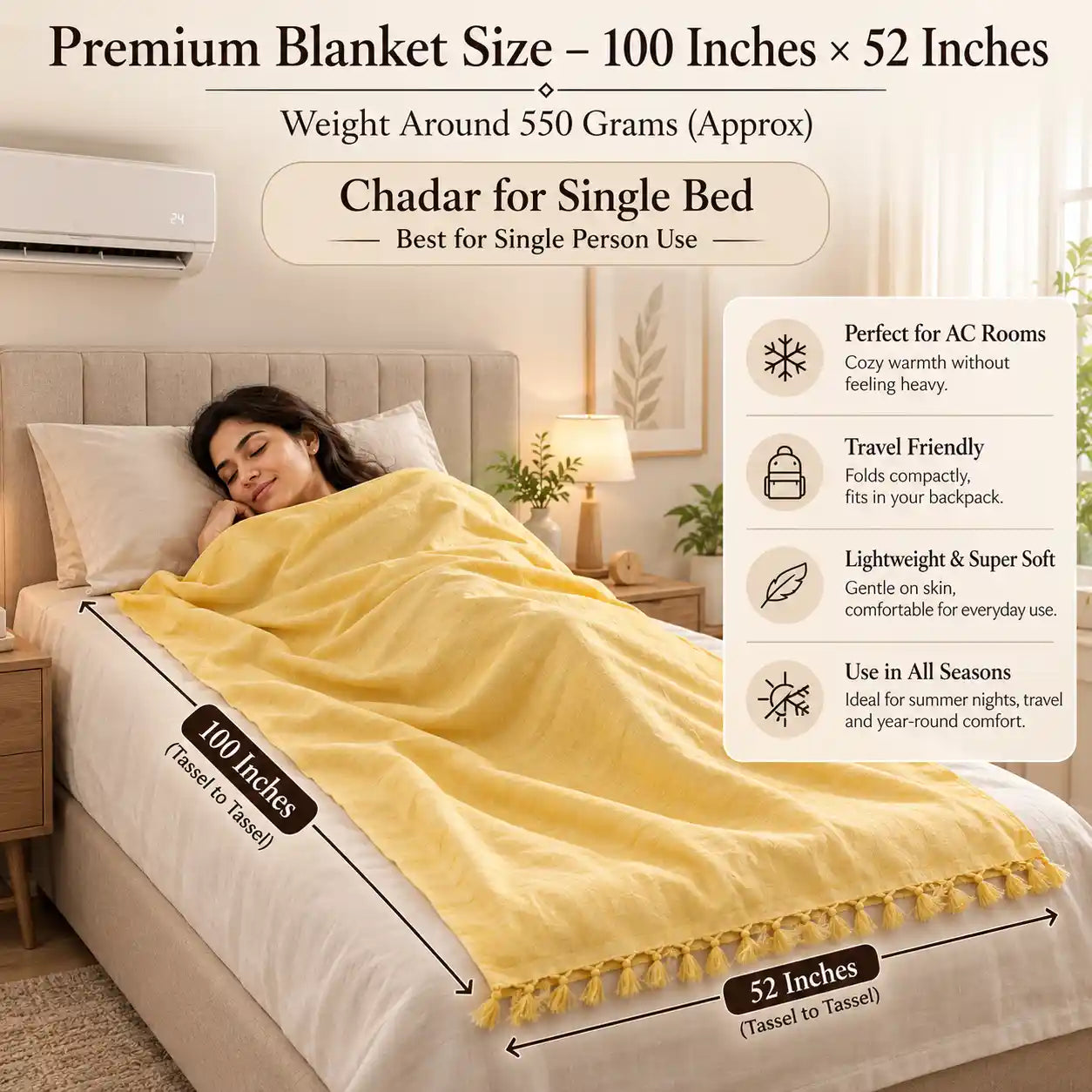 Authentic 3D Bhagalpuri Dull Chadar – Lightweight Pure Cotton AC & Travel Blanket - Premium ( 100×52 in )