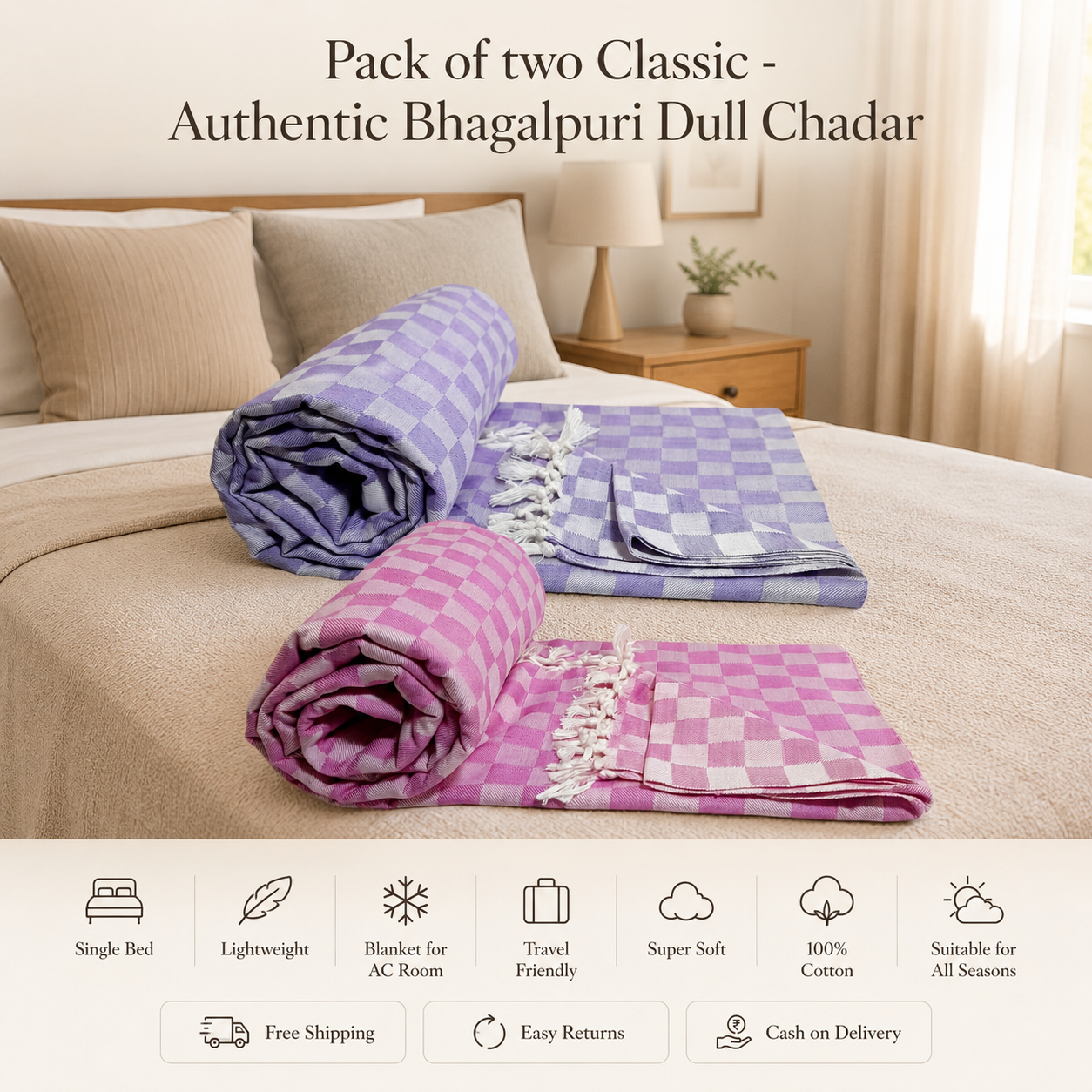 Pack of 2 Authentic Classic 3D Bhagalpuri Dull Chadar | 100% Cotton Lightweight Soft Blanket for AC Room, Travel & Everyday Use | Classic Size 94 × 50 Inches DULL C 31 36