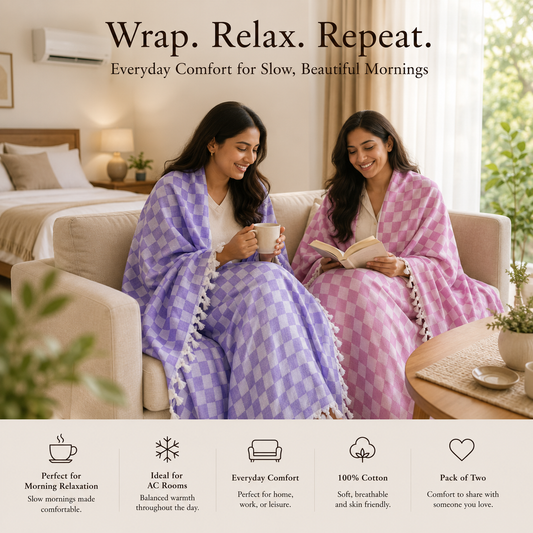 Pack of 2 Authentic Classic 3D Bhagalpuri Dull Chadar | 100% Cotton Lightweight Soft Blanket for AC Room, Travel & Everyday Use | Classic Size 94 × 50 Inches DULL C 31 36