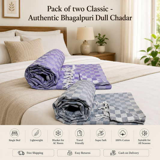 Pack of 2 Authentic Classic 3D Bhagalpuri Dull Chadar | 100% Cotton Lightweight Soft Blanket for AC Room, Travel & Everyday Use | Classic Size 94 × 50 Inches  DULL C 31 37