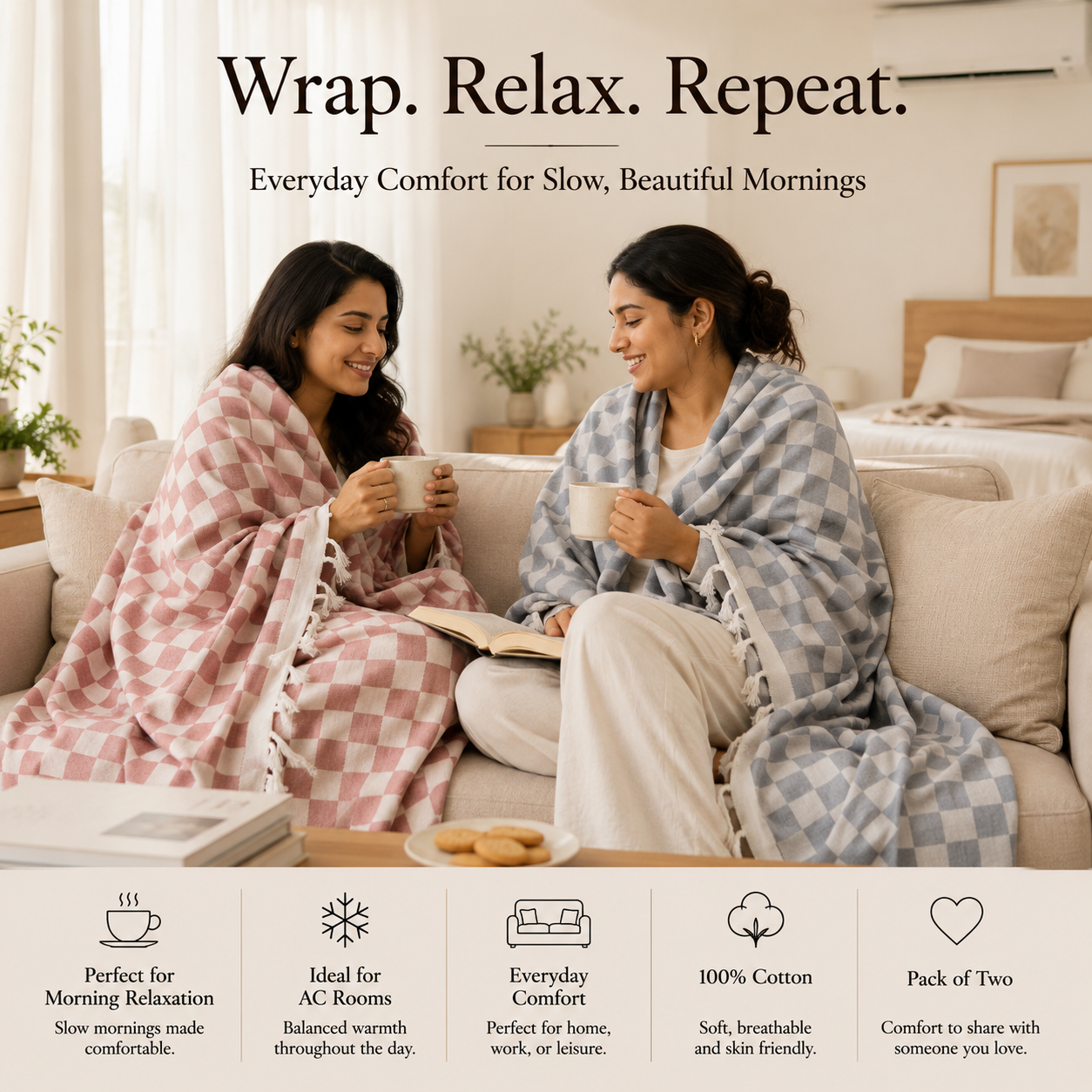 Pack of 2 Authentic Classic 3D Bhagalpuri Dull Chadar | 100% Cotton Lightweight Soft Blanket for AC Room, Travel & Everyday Use | Classic Size 94 × 50 Inches DULL C 34 37