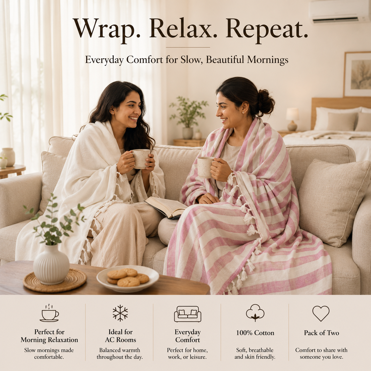 Pack of 2 Authentic Classic Bhagalpuri Dull Chadar | 100% Cotton Lightweight Soft Blanket for AC Room, Travel & Everyday Use | Classic Size 94 × 50 Inches DULL C 13 15