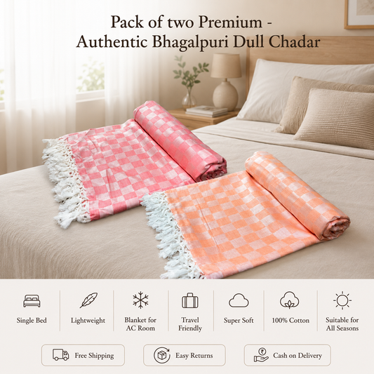 Pack of 2 Authentic Premium 3D Bhagalpuri Dull Chadar | 100% Cotton Lightweight Soft Blanket for AC Room, Travel & Everyday Use | Classic Size 100 × 52 Inches  DULL 57 58