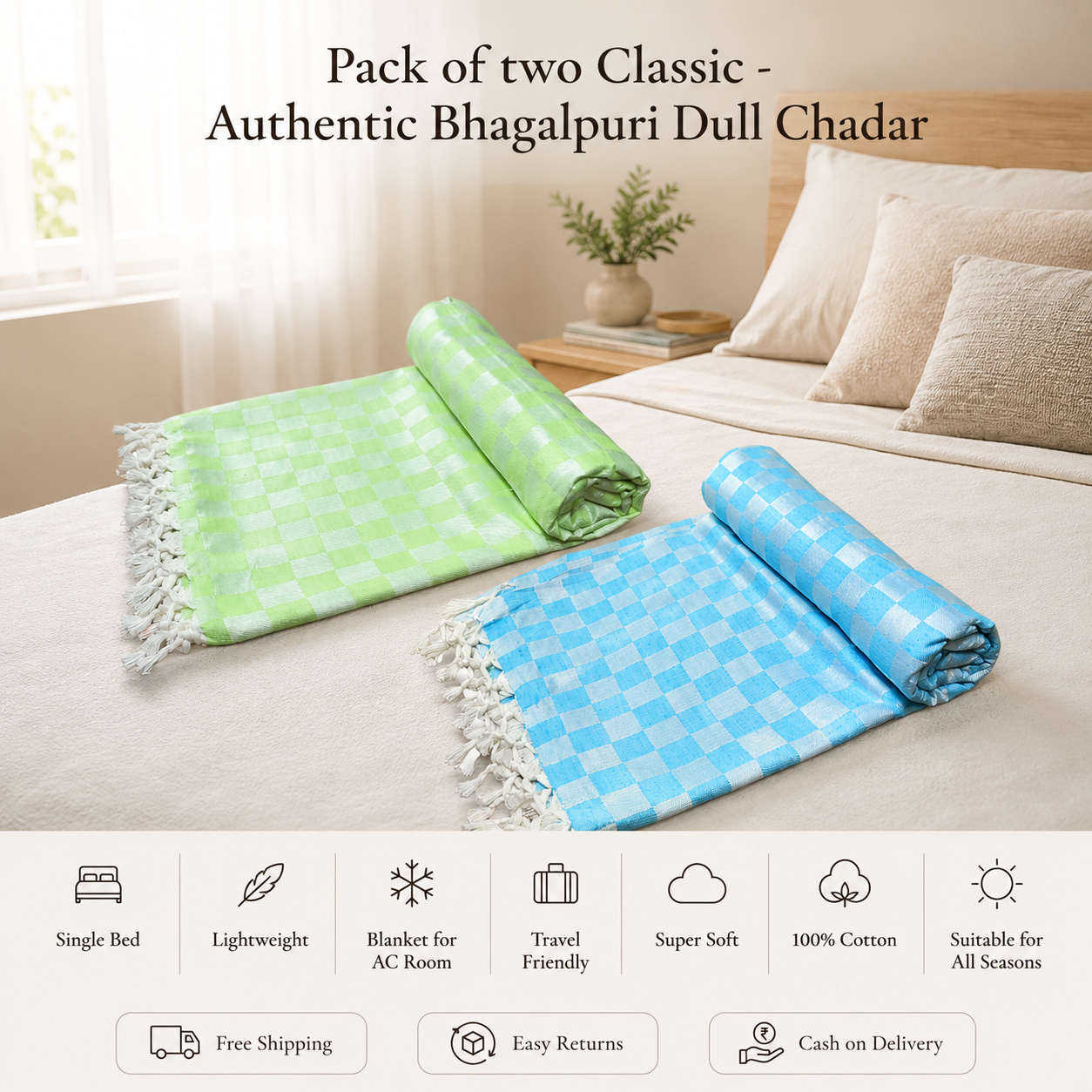 Pack of 2 Authentic Premium 3D Bhagalpuri Dull Chadar | 100% Cotton Lightweight Soft Blanket for AC Room, Travel & Everyday Use | Classic Size 100 × 52 Inches  DULL 52 53