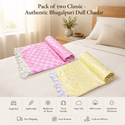 Pack of 2 Authentic Premium 3D Bhagalpuri Dull Chadar | 100% Cotton Lightweight Soft Blanket for AC Room, Travel & Everyday Use | Classic Size 100 × 52 Inches  DULL 55 56