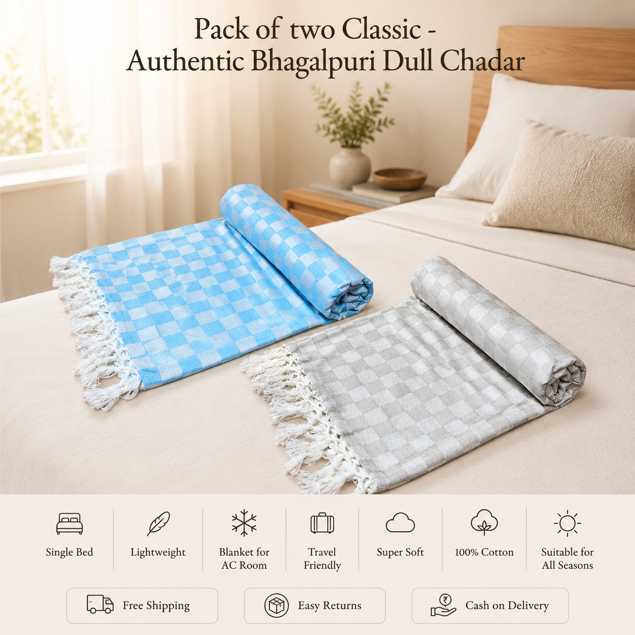 Pack of 2 Authentic Premium 3D Bhagalpuri Dull Chadar | 100% Cotton Lightweight Soft Blanket for AC Room, Travel & Everyday Use | Classic Size 100 × 52 Inches  DULL 53 54