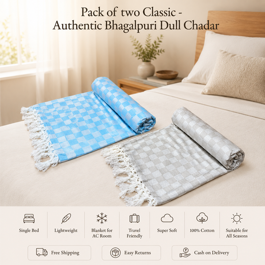 Pack of 2 Authentic Premium 3D Bhagalpuri Dull Chadar | 100% Cotton Lightweight Soft Blanket for AC Room, Travel & Everyday Use | Classic Size 100 × 52 Inches  DULL 53 54