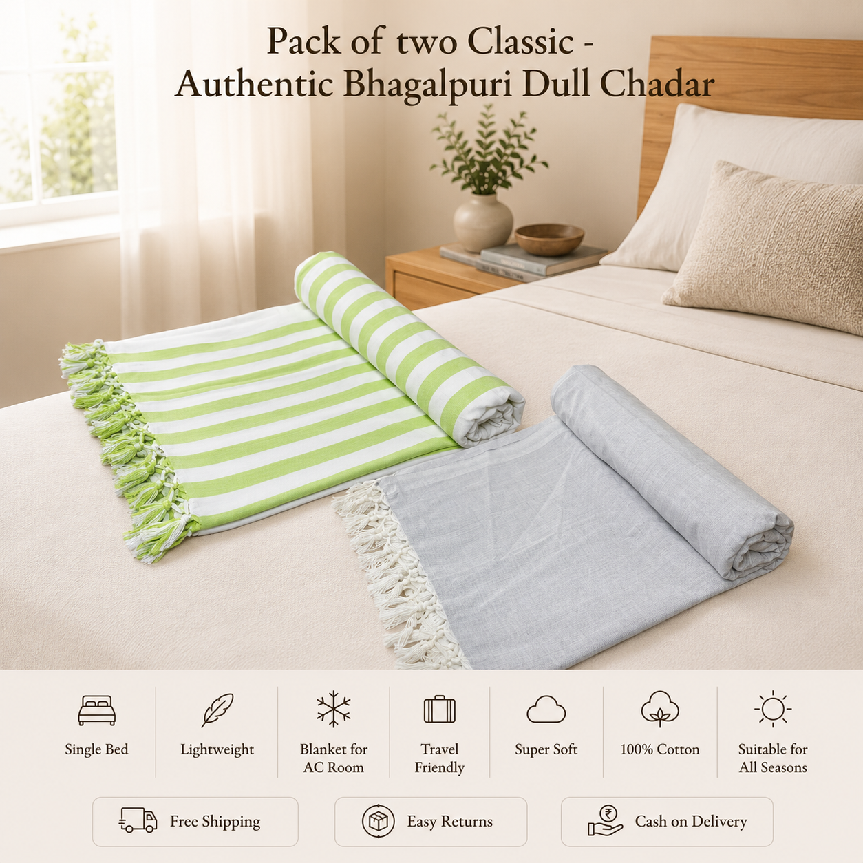 Pack of 2 Authentic Premium 3D Bhagalpuri Dull Chadar | 100% Cotton Lightweight Soft Blanket for AC Room, Travel & Everyday Use | Classic Size 100 × 52 Inches  DULL 63 64