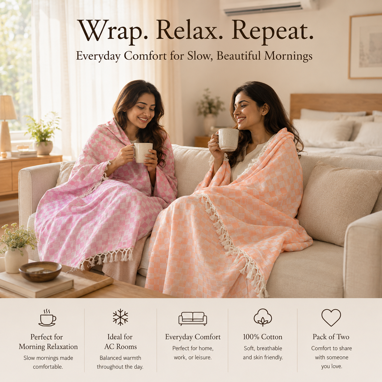 Pack of 2 Authentic Premium 3D Bhagalpuri Dull Chadar | 100% Cotton Lightweight Soft Blanket for AC Room, Travel & Everyday Use | Classic Size 100 × 52 Inches  DULL 57 58