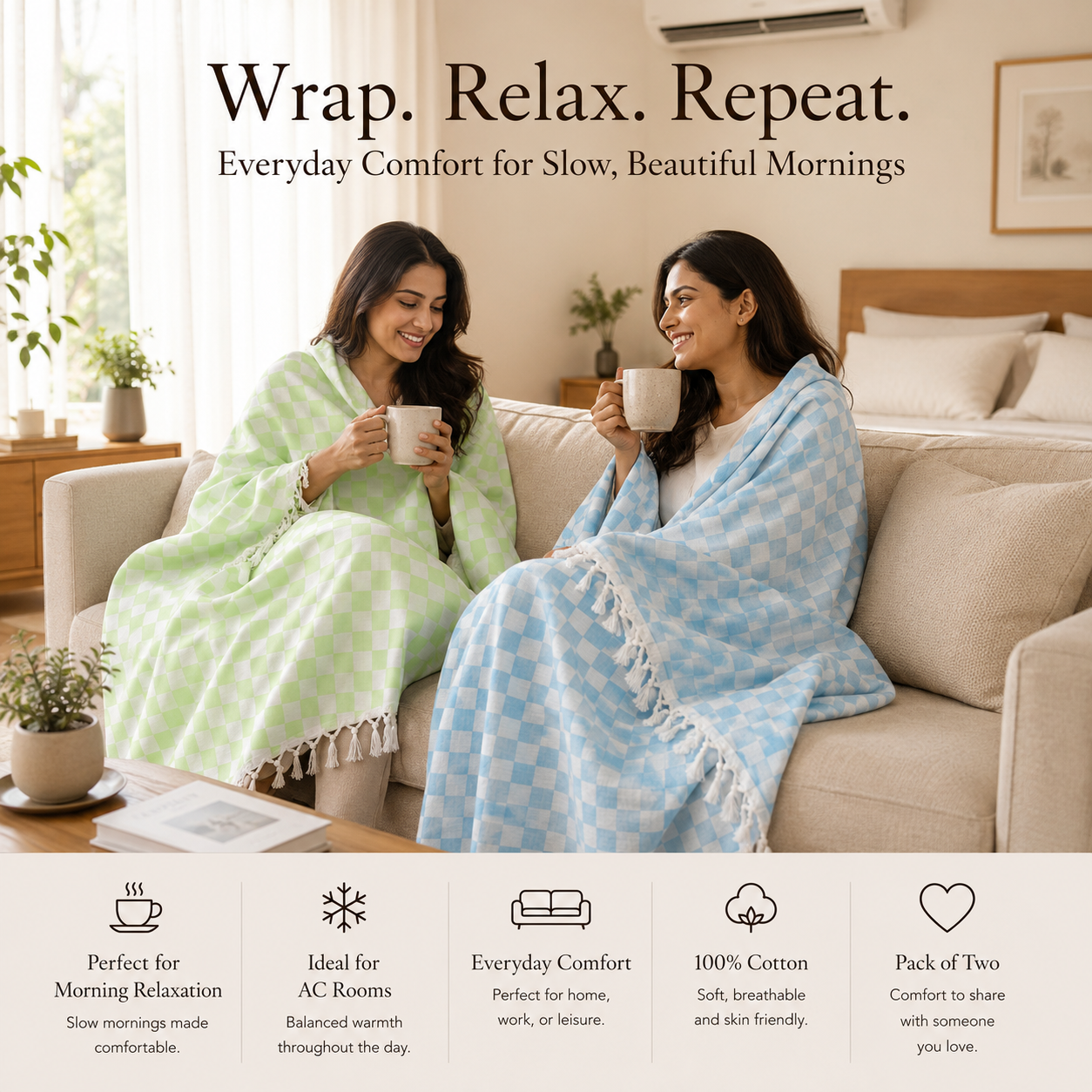 Pack of 2 Authentic Premium 3D Bhagalpuri Dull Chadar | 100% Cotton Lightweight Soft Blanket for AC Room, Travel & Everyday Use | Classic Size 100 × 52 Inches  DULL 52 53