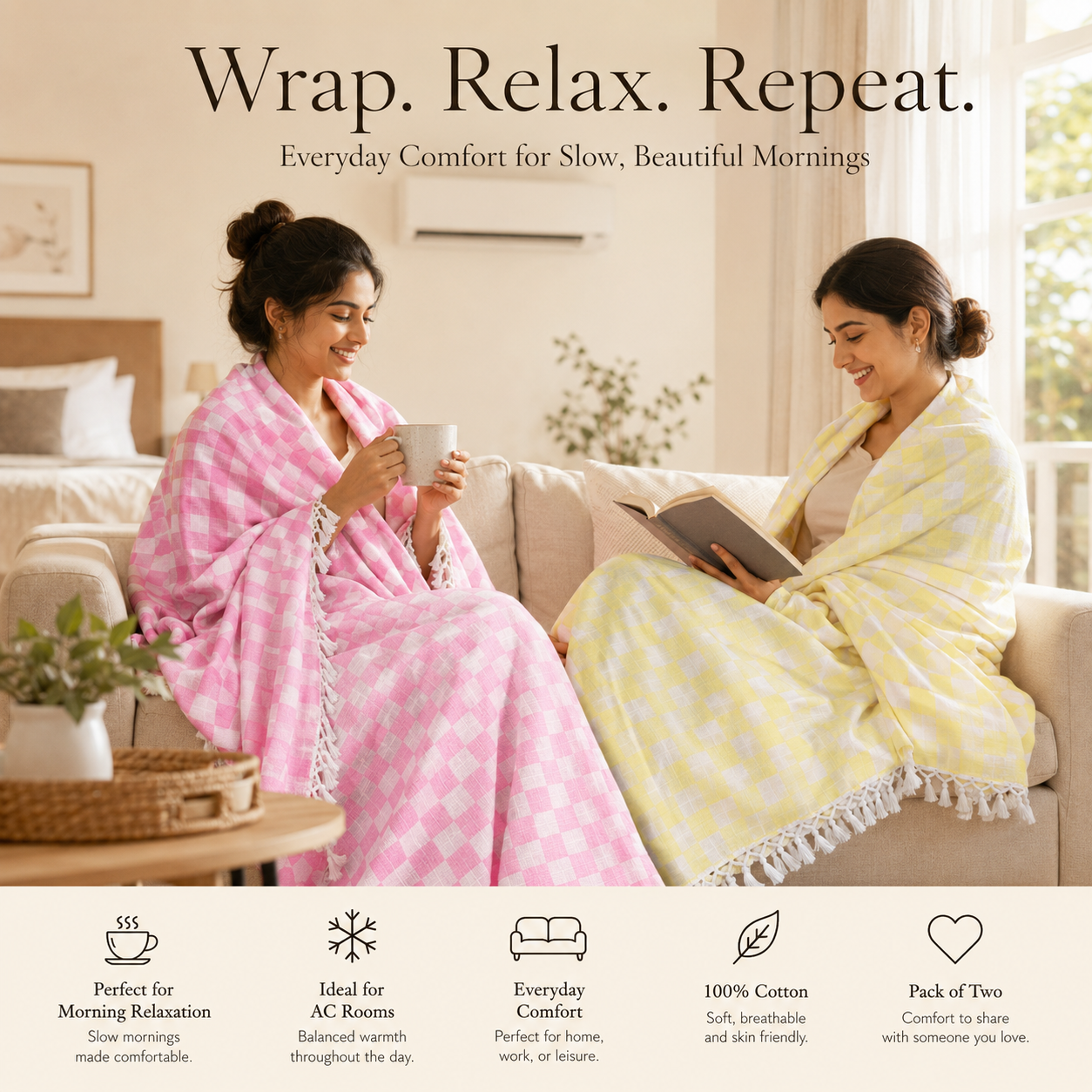 Pack of 2 Authentic Premium 3D Bhagalpuri Dull Chadar | 100% Cotton Lightweight Soft Blanket for AC Room, Travel & Everyday Use | Classic Size 100 × 52 Inches  DULL 55 56