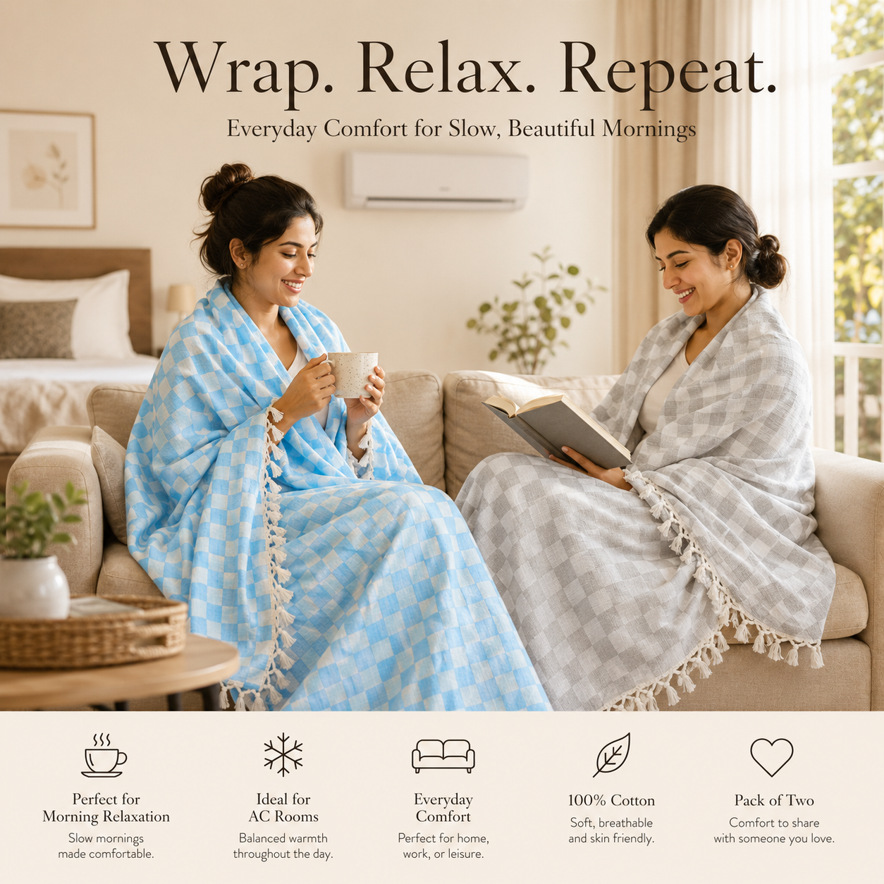 Pack of 2 Authentic Premium 3D Bhagalpuri Dull Chadar | 100% Cotton Lightweight Soft Blanket for AC Room, Travel & Everyday Use | Classic Size 100 × 52 Inches  DULL 53 54
