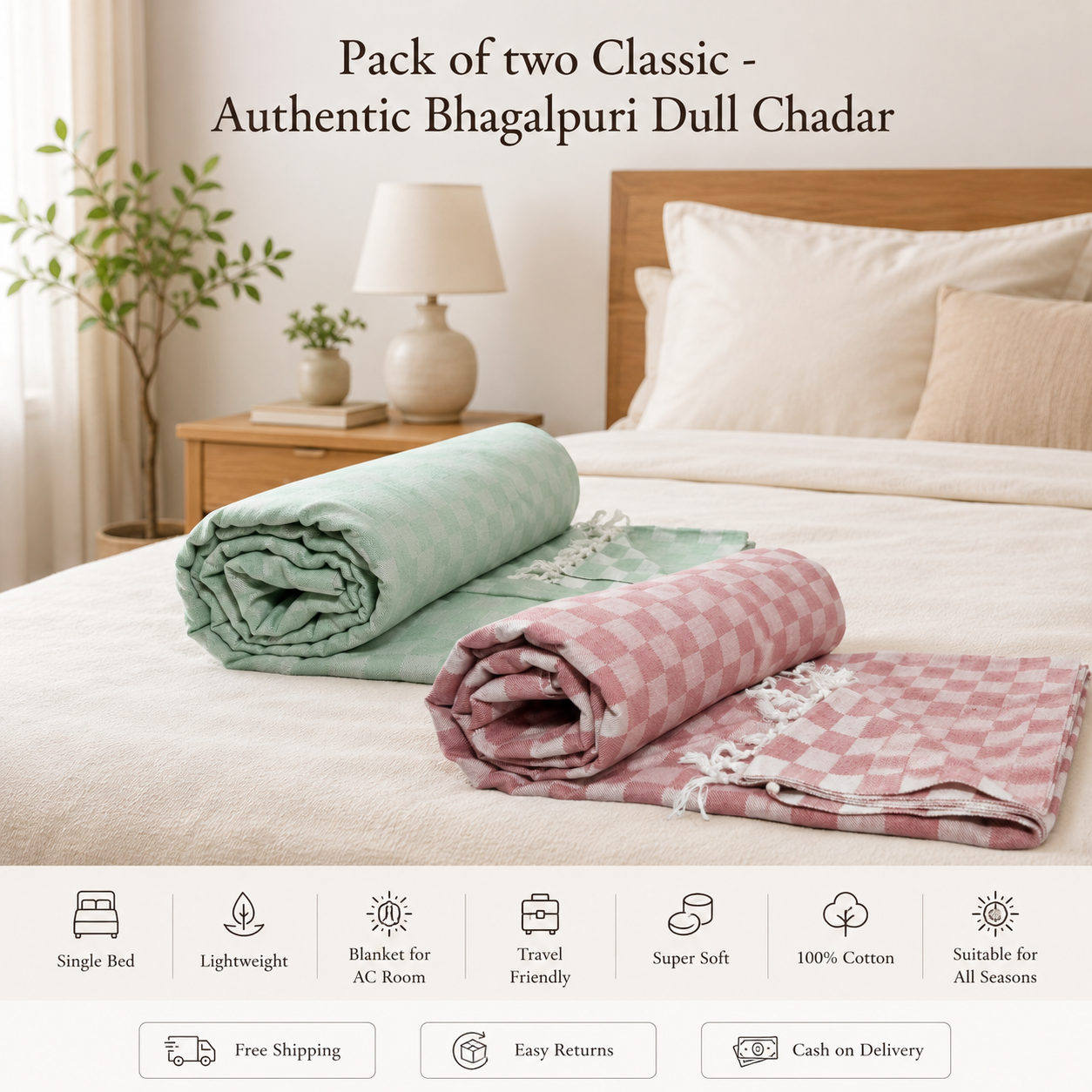 Pack of 2 Authentic Classic 3D Bhagalpuri Dull Chadar | 100% Cotton Lightweight Soft Blanket for AC Room, Travel & Everyday Use | Classic Size 94 × 50 Inches  DULL C 32 34