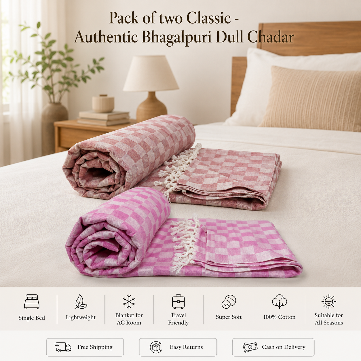 Pack of 2 Authentic Classic 3D Bhagalpuri Dull Chadar | 100% Cotton Lightweight Soft Blanket for AC Room, Travel & Everyday Use | Classic Size 94 × 50 Inches  DULL C 34 36