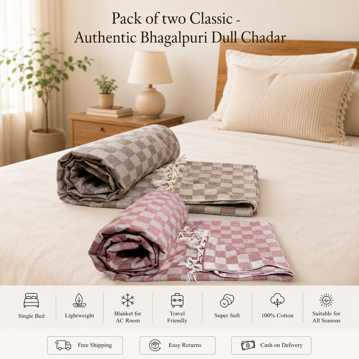 Pack of 2 Authentic Classic 3D Bhagalpuri Dull Chadar | 100% Cotton Lightweight Soft Blanket for AC Room, Travel & Everyday Use | Classic Size 94 × 50 Inches  DULL C 33 34