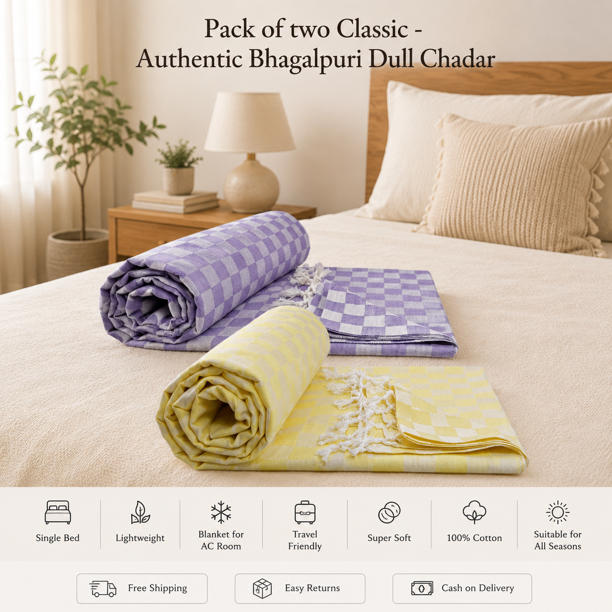 Pack of 2 Authentic Classic 3D Bhagalpuri Dull Chadar | 100% Cotton Lightweight Soft Blanket for AC Room, Travel & Everyday Use | Classic Size 94 × 50 Inches  DULL C 31 35