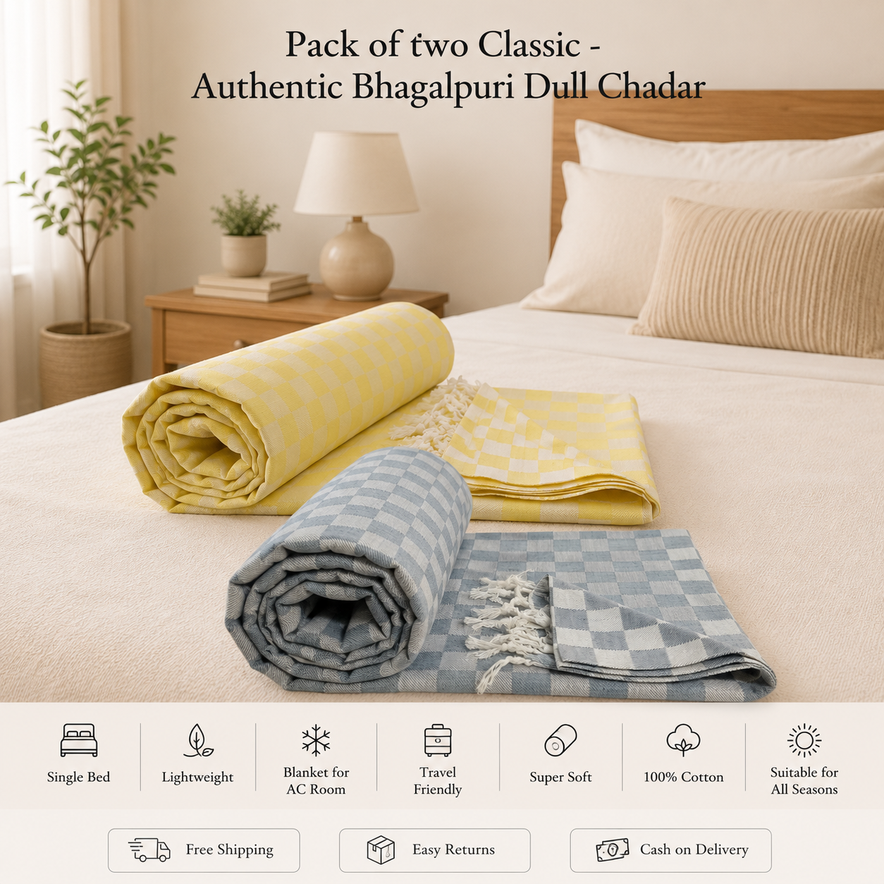Pack of 2 Authentic Classic 3D Bhagalpuri Dull Chadar | 100% Cotton Lightweight Soft Blanket for AC Room, Travel & Everyday Use | Classic Size 94 × 50 Inches  DULL C 35 37