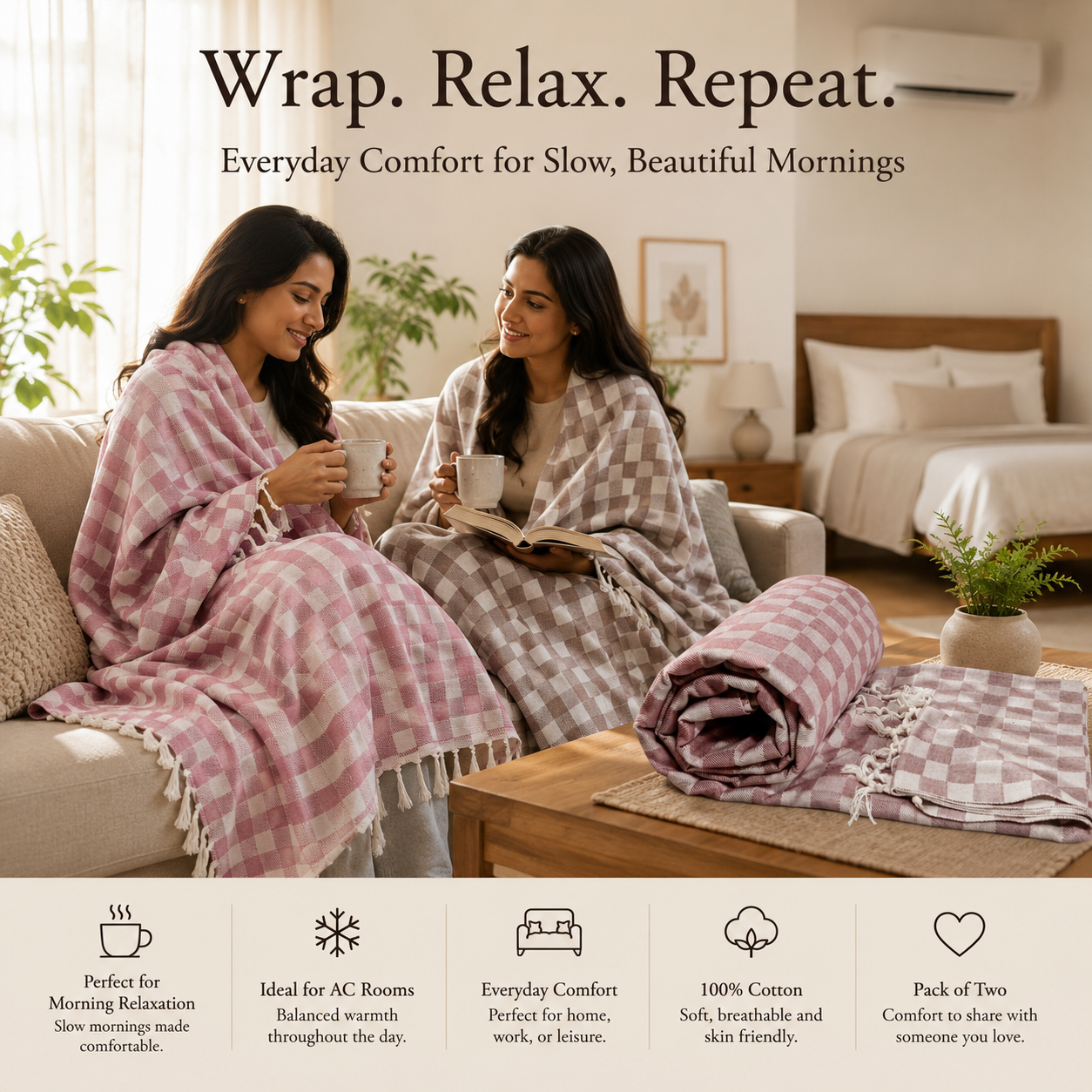 Pack of 2 Authentic Classic 3D Bhagalpuri Dull Chadar | 100% Cotton Lightweight Soft Blanket for AC Room, Travel & Everyday Use | Classic Size 94 × 50 Inches  DULL C 32 34