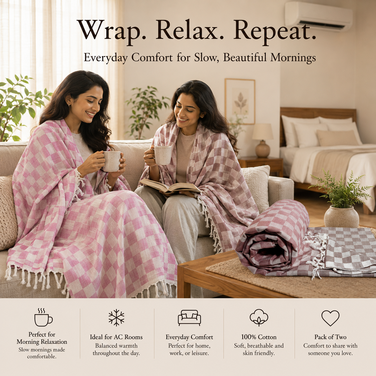 Pack of 2 Authentic Classic 3D Bhagalpuri Dull Chadar | 100% Cotton Lightweight Soft Blanket for AC Room, Travel & Everyday Use | Classic Size 94 × 50 Inches  DULL C 34 36