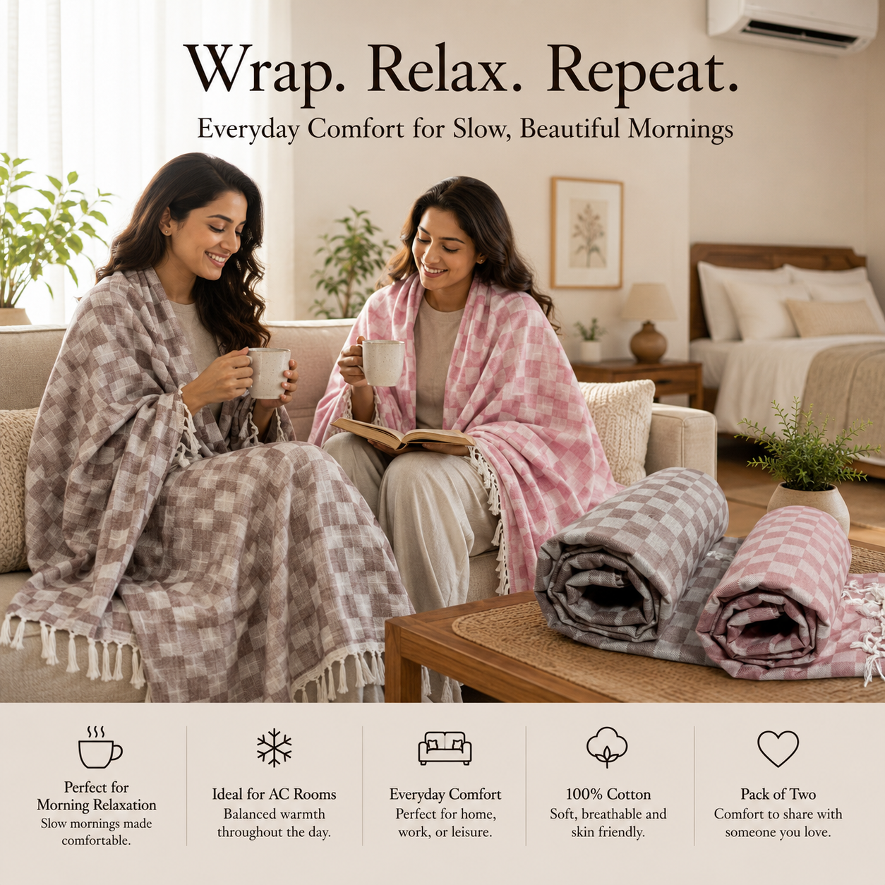 Pack of 2 Authentic Classic 3D Bhagalpuri Dull Chadar | 100% Cotton Lightweight Soft Blanket for AC Room, Travel & Everyday Use | Classic Size 94 × 50 Inches  DULL C 33 34