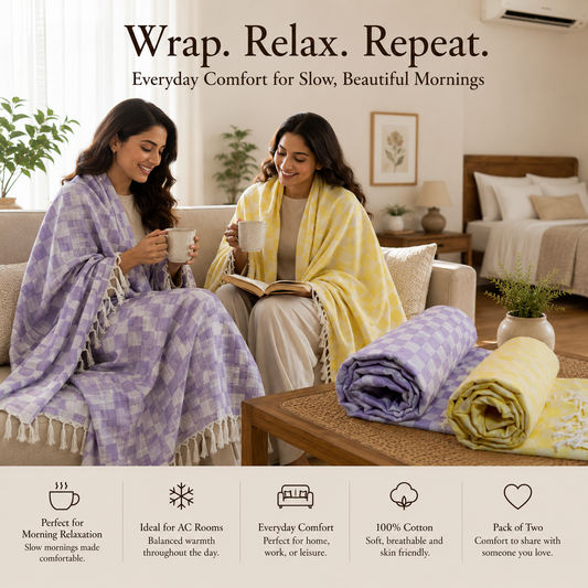 Pack of 2 Authentic Classic 3D Bhagalpuri Dull Chadar | 100% Cotton Lightweight Soft Blanket for AC Room, Travel & Everyday Use | Classic Size 94 × 50 Inches  DULL C 31 35
