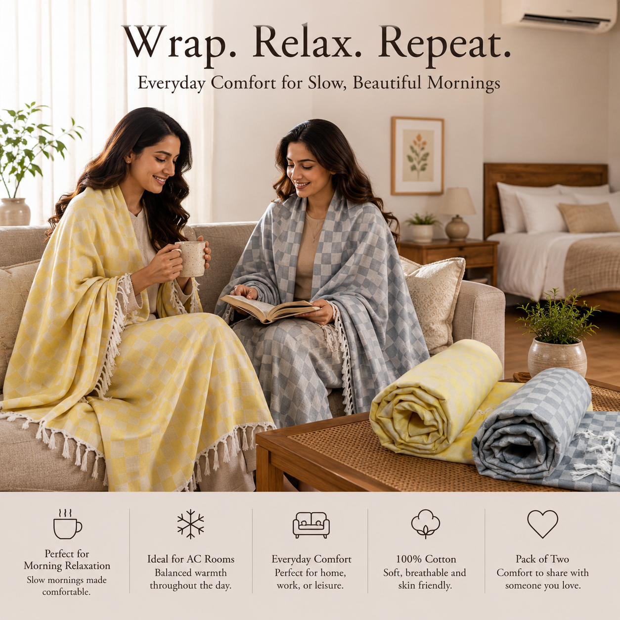 Pack of 2 Authentic Classic 3D Bhagalpuri Dull Chadar | 100% Cotton Lightweight Soft Blanket for AC Room, Travel & Everyday Use | Classic Size 94 × 50 Inches  DULL C 35 37