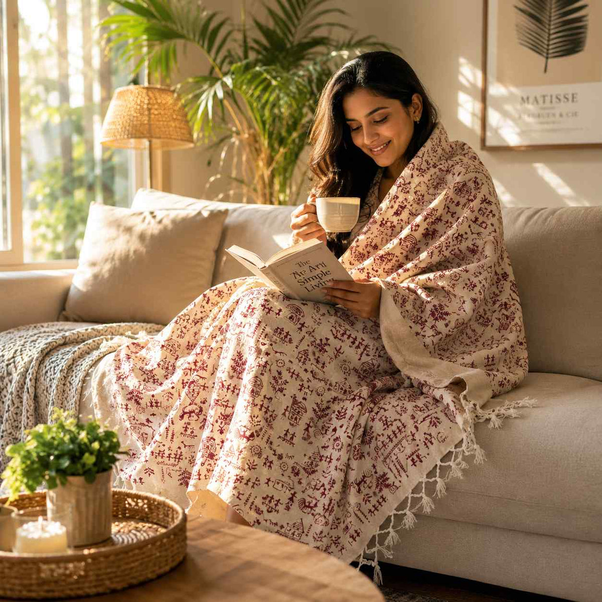 Bhagalpuri Dull Chadar Cotton AC Blanket, Warli Printed, Cream Maroon, Single Bed, 52 x 100 Inches