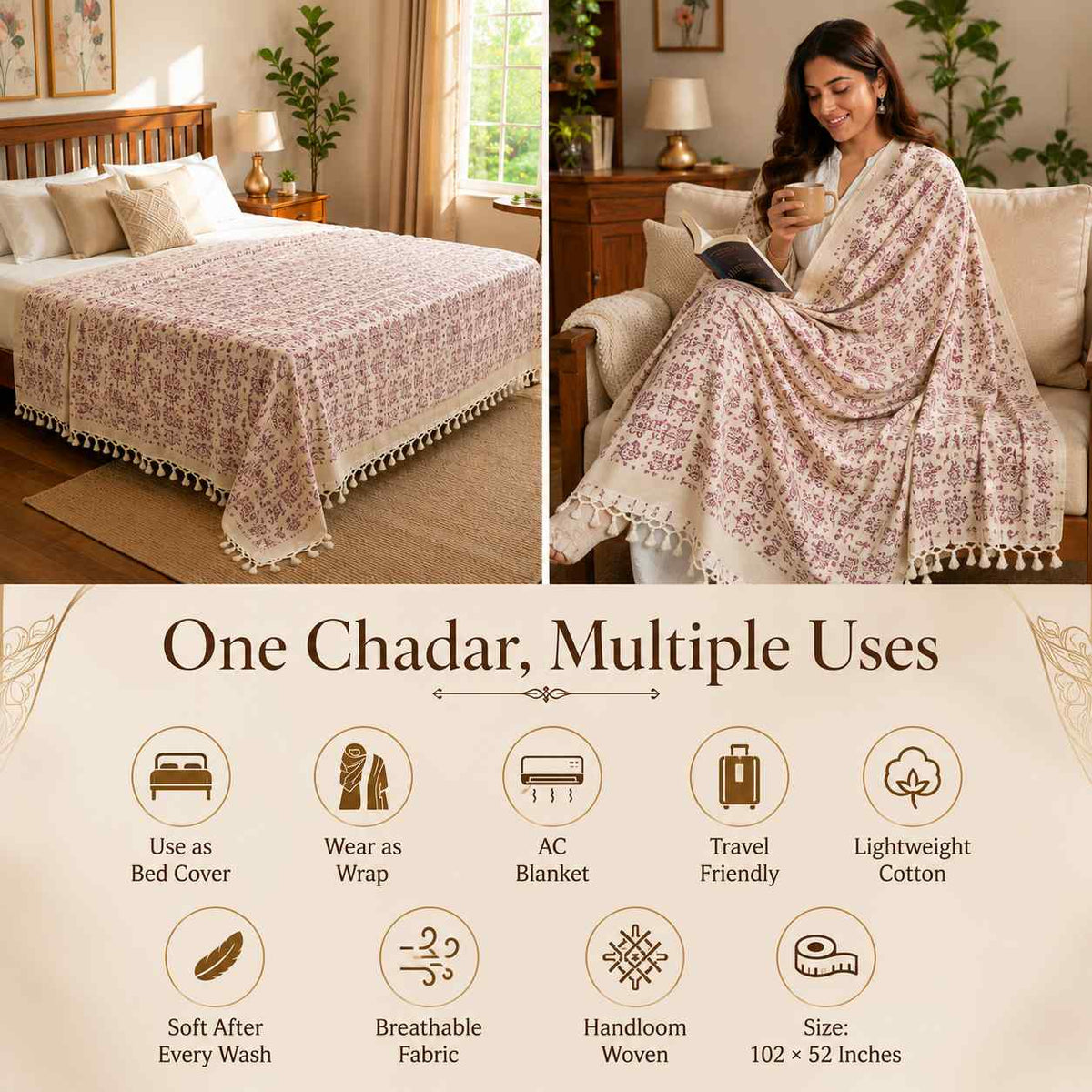 Bhagalpuri Dull Chadar Cotton AC Blanket, Warli Printed, Cream Maroon, Single Bed, 52 x 100 Inches