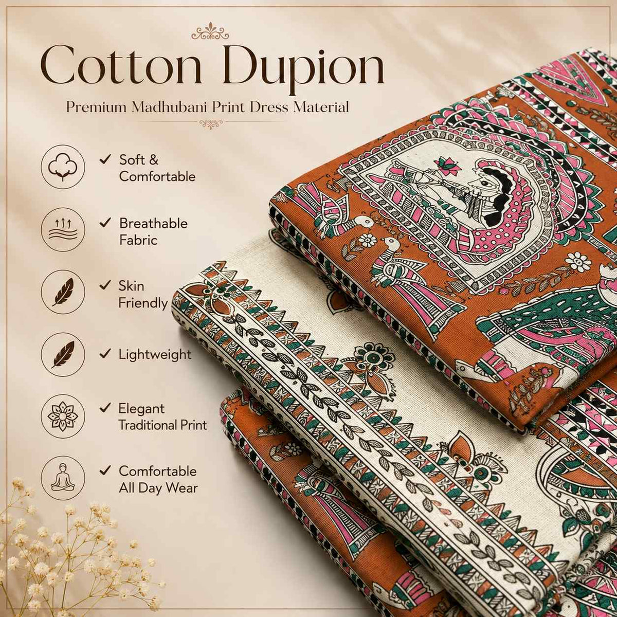 Premium Cotton Dupion Madhubani Print Unstitched Dress Material for Women | 3 Piece Suit Set with Dupatta