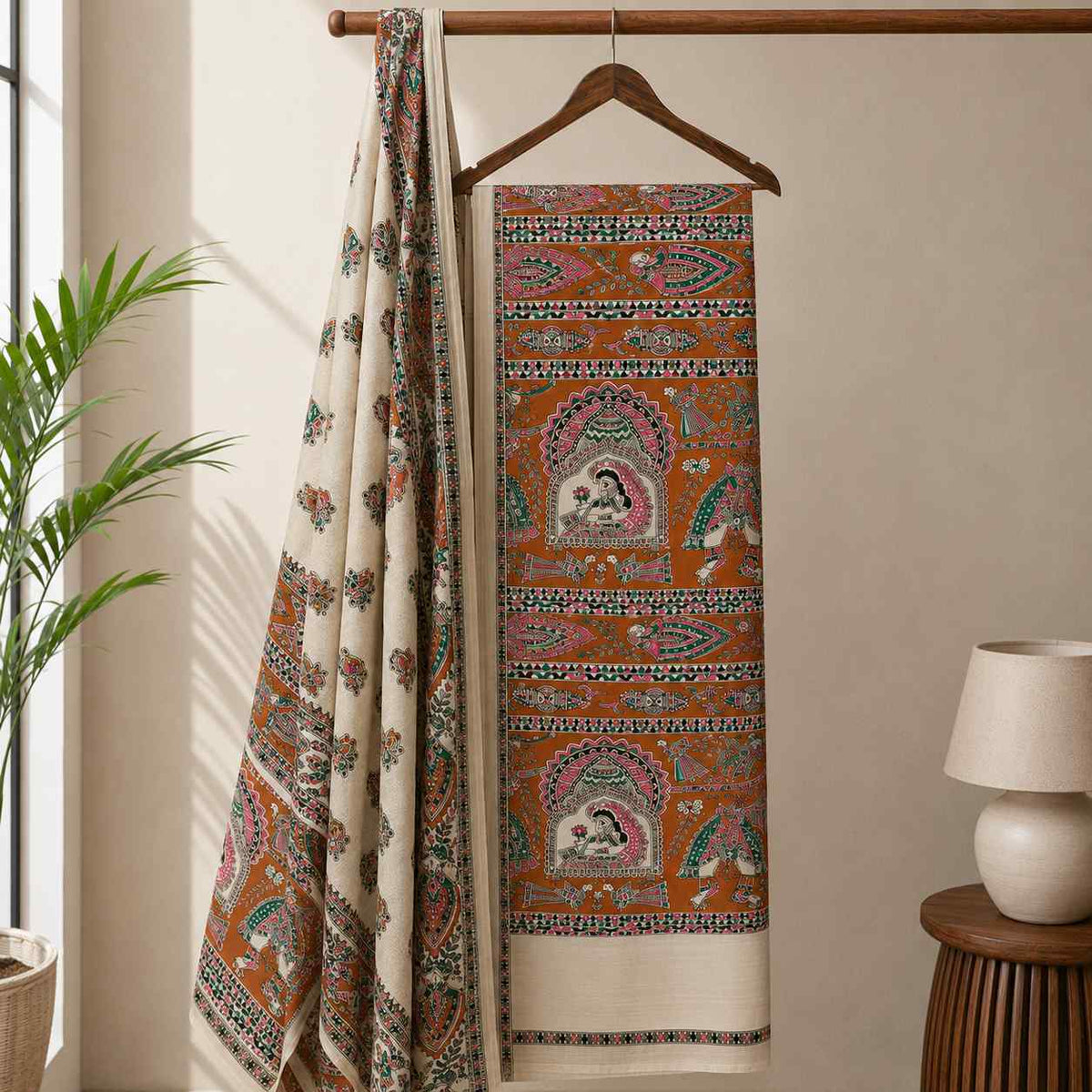 Premium Cotton Dupion Madhubani Print Unstitched Dress Material for Women | 3 Piece Suit Set with Dupatta