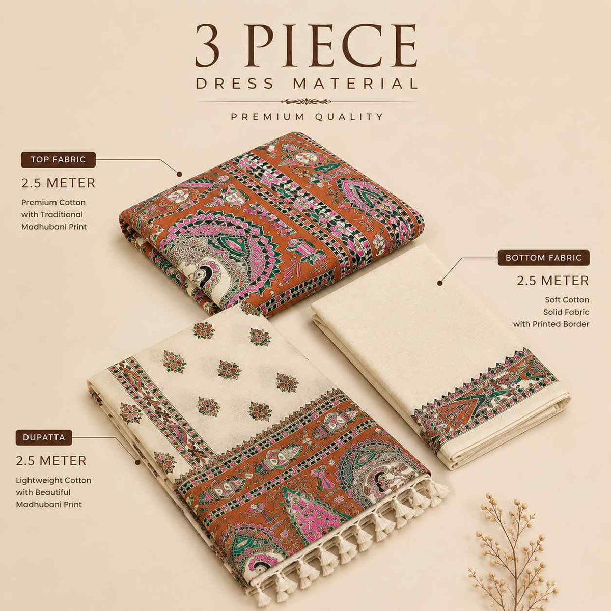 Premium Cotton Dupion Madhubani Print Unstitched Dress Material for Women | 3 Piece Suit Set with Dupatta