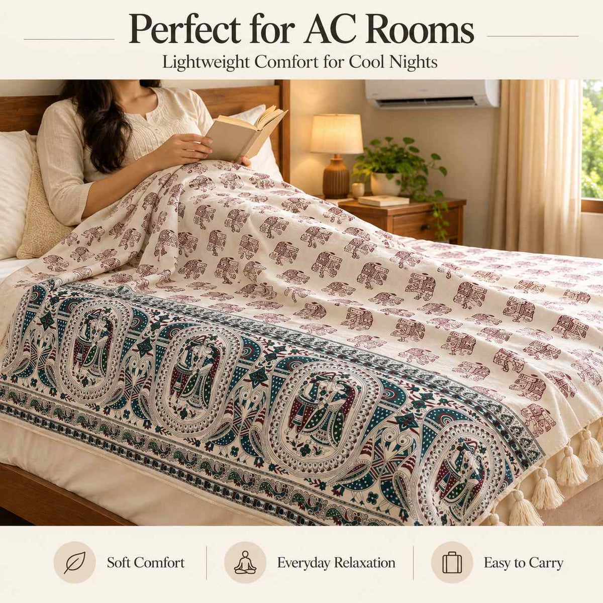 Premium Bhagalpuri Dull Chadar – Elephant Printed Cotton AC Blanket for Single Bed | Cream | 52 × 100 Inches