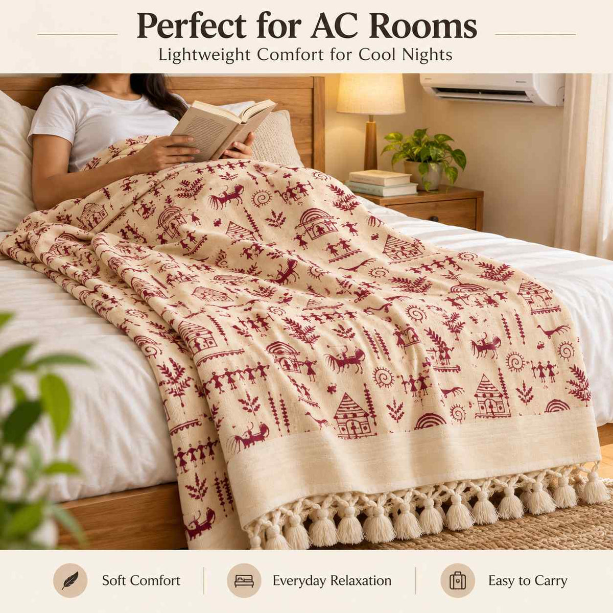 Bhagalpuri Dull Chadar Cotton AC Blanket, Warli Printed, Cream Maroon, Single Bed, 52 x 100 Inches