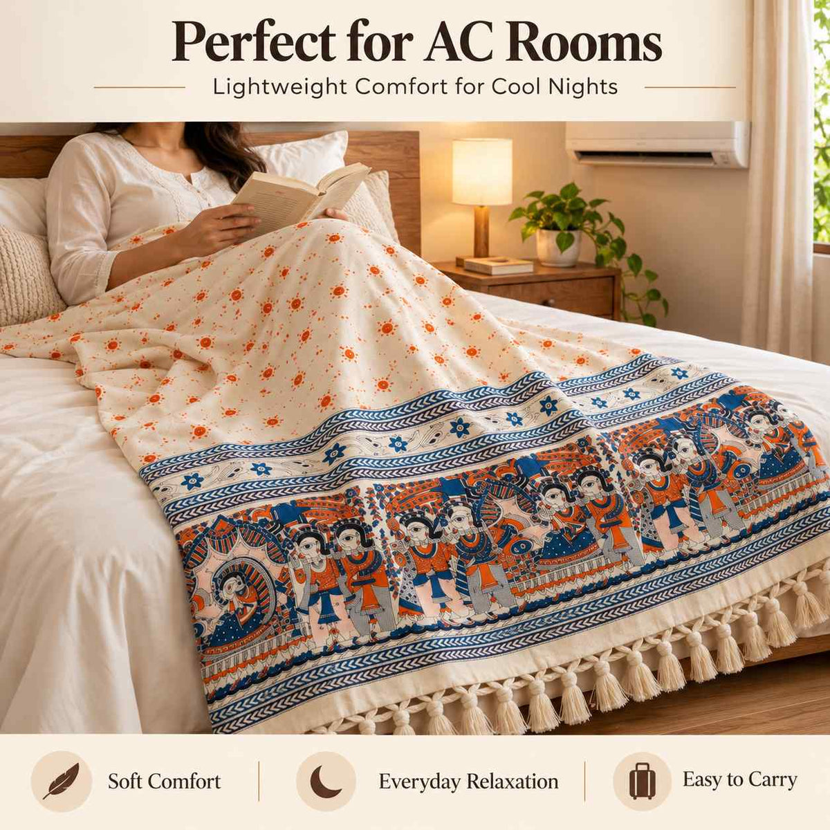 Premium Bhagalpuri Dull Chadar – Traditional Folk Art Printed Cotton AC Blanket | Cream | Single Bed 100 × 52 Inches