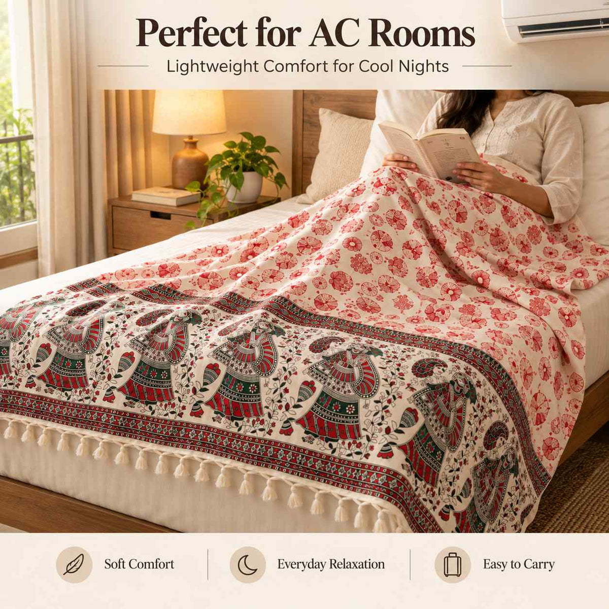 Premium Bhagalpuri Dull Chadar – Floral Printed Cotton AC Blanket for Single Bed | Cream & Red | 100 × 52 Inches