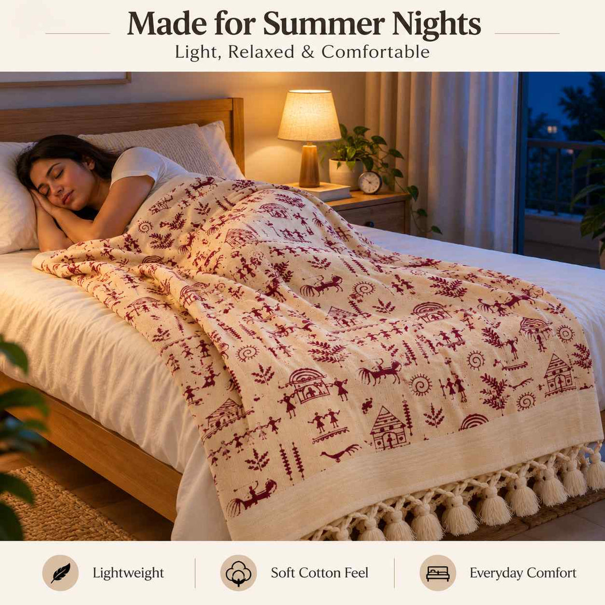 Bhagalpuri Dull Chadar Cotton AC Blanket, Warli Printed, Cream Maroon, Single Bed, 52 x 100 Inches
