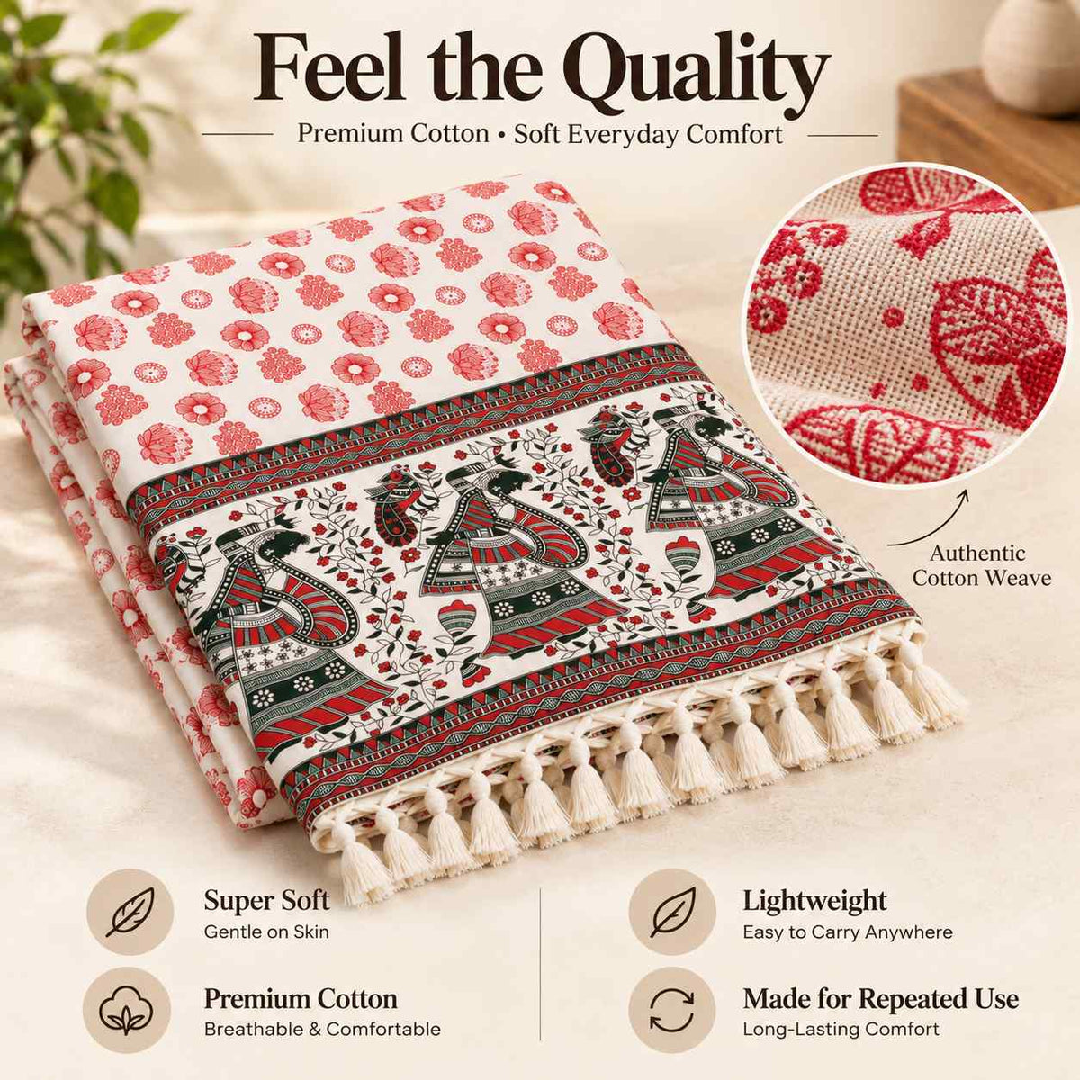 Premium Bhagalpuri Dull Chadar – Floral Printed Cotton AC Blanket for Single Bed | Cream & Red | 100 × 52 Inches