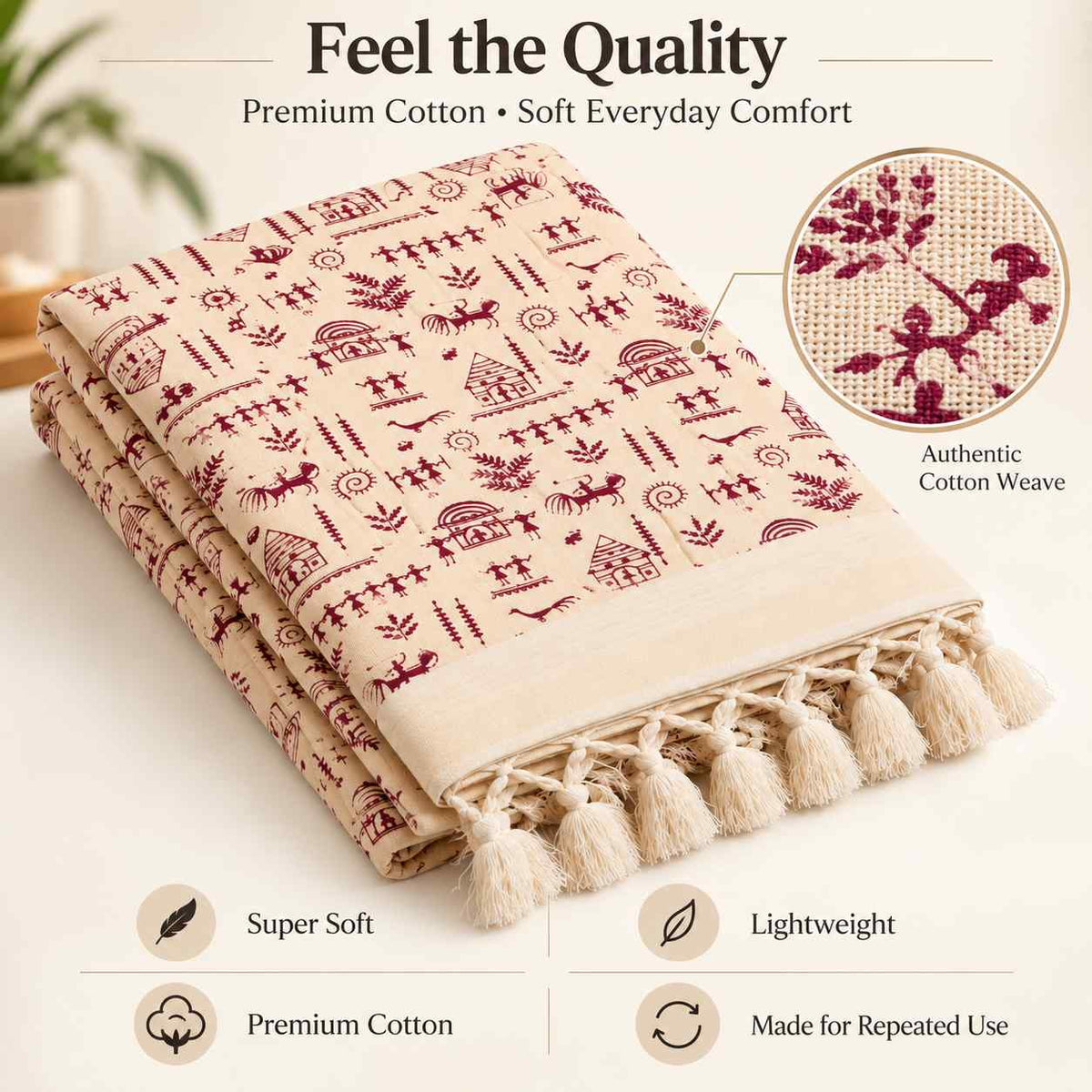 Bhagalpuri Dull Chadar Cotton AC Blanket, Warli Printed, Cream Maroon, Single Bed, 52 x 100 Inches