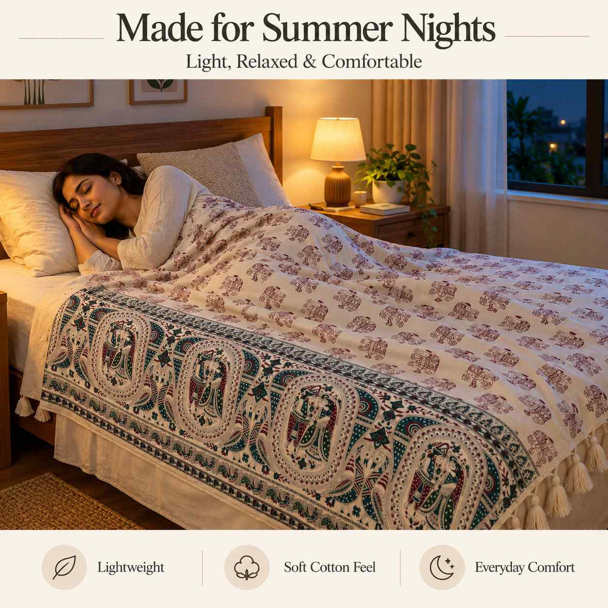 Premium Bhagalpuri Dull Chadar – Elephant Printed Cotton AC Blanket for Single Bed | Cream | 52 × 100 Inches