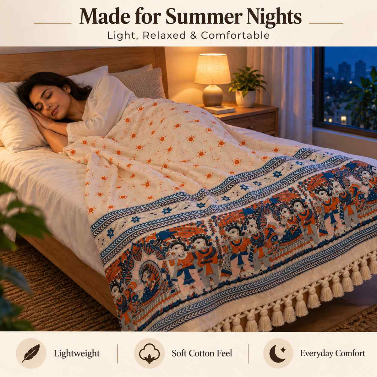 Premium Bhagalpuri Dull Chadar – Traditional Folk Art Printed Cotton AC Blanket | Cream | Single Bed 100 × 52 Inches