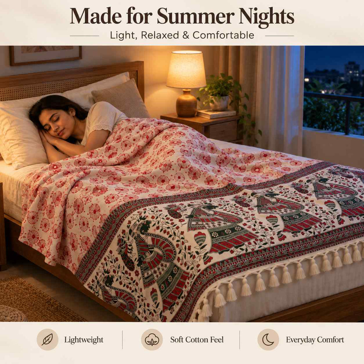 Premium Bhagalpuri Dull Chadar – Floral Printed Cotton AC Blanket for Single Bed | Cream & Red | 100 × 52 Inches