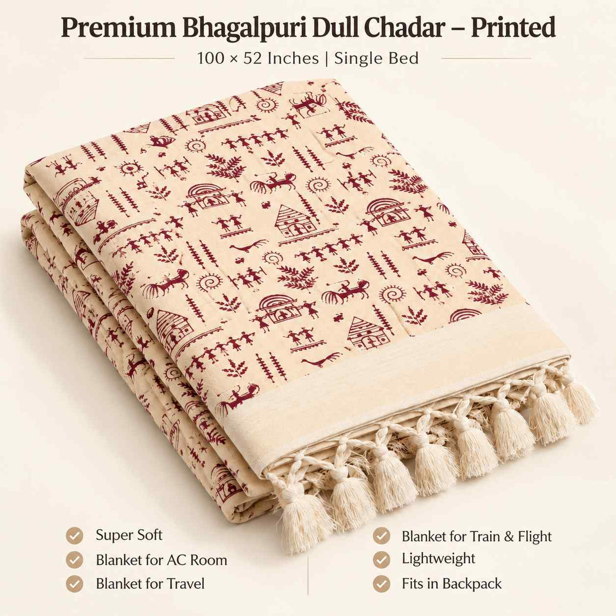 Bhagalpuri Dull Chadar Cotton AC Blanket, Warli Printed, Cream Maroon, Single Bed, 52 x 100 Inches