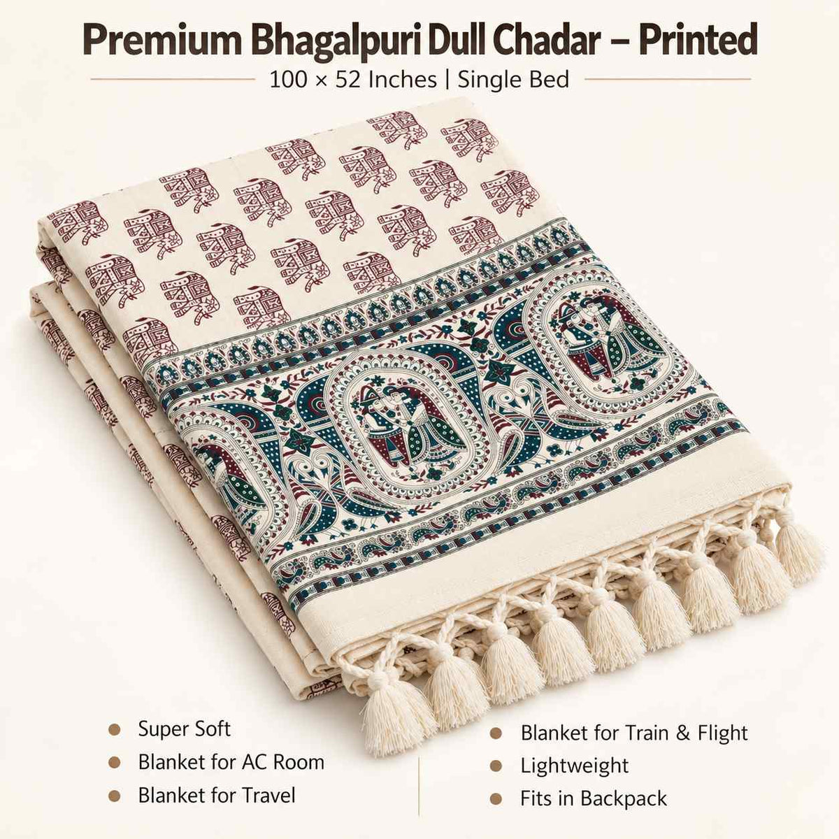 Premium Bhagalpuri Dull Chadar – Elephant Printed Cotton AC Blanket for Single Bed | Cream | 52 × 100 Inches