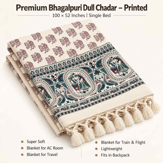 Premium Bhagalpuri Dull Chadar – Elephant Printed Cotton AC Blanket for Single Bed | Cream | 52 × 100 Inches