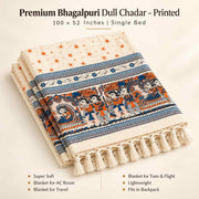 Premium Bhagalpuri Dull Chadar – Traditional Folk Art Printed Cotton AC Blanket | Cream | Single Bed 100 × 52 Inches
