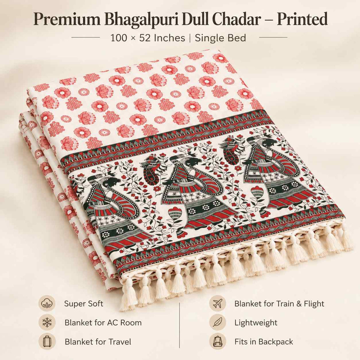 Premium Bhagalpuri Dull Chadar – Floral Printed Cotton AC Blanket for Single Bed | Cream & Red | 100 × 52 Inches