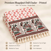 Premium Bhagalpuri Dull Chadar – Floral Printed Cotton AC Blanket for Single Bed | Cream & Red | 100 × 52 Inches