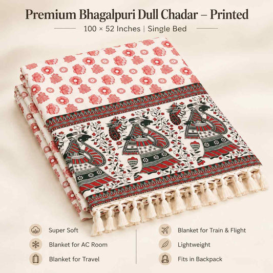 Premium Bhagalpuri Dull Chadar – Floral Printed Cotton AC Blanket for Single Bed | Cream & Red | 100 × 52 Inches