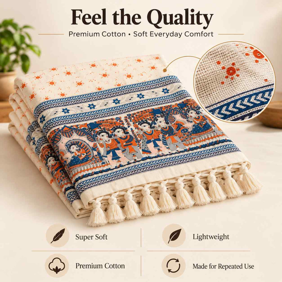Premium Bhagalpuri Dull Chadar – Traditional Folk Art Printed Cotton AC Blanket | Cream | Single Bed 100 × 52 Inches