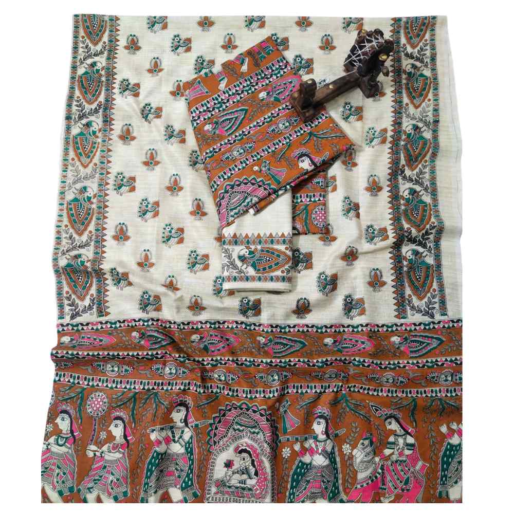 Premium Cotton Dupion Madhubani Print Unstitched Dress Material for Women | 3 Piece Suit Set with Dupatta